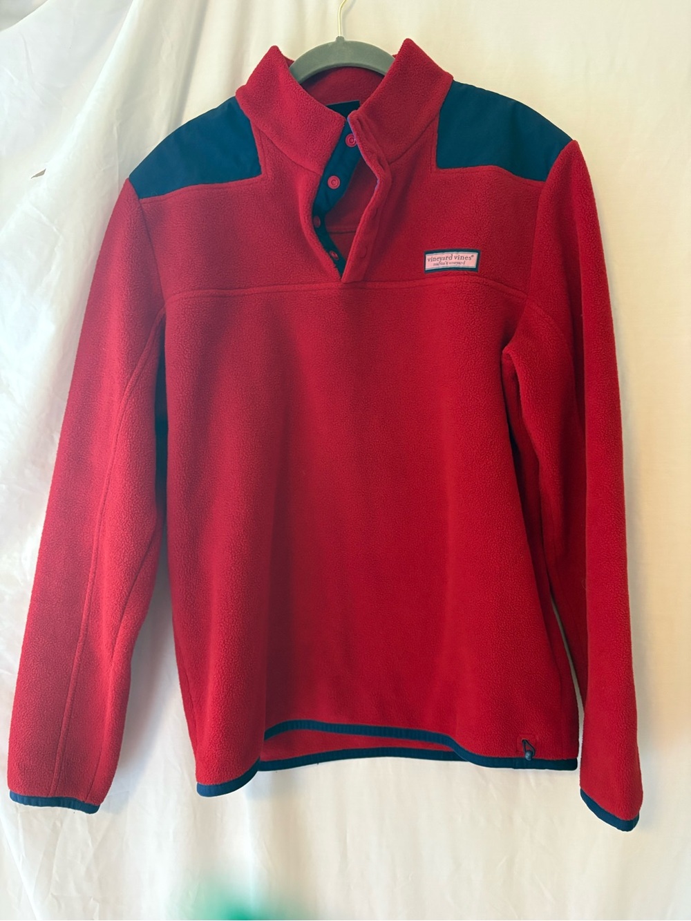 Vineyard Vines Red Fleece Pullover with Navy Shoulder Accents